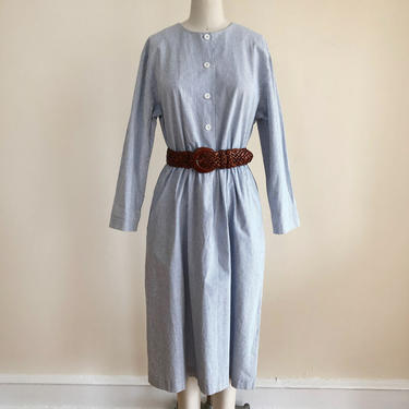 Long-Sleeved, Blue and White Striped Cotton Dress - 1990s 