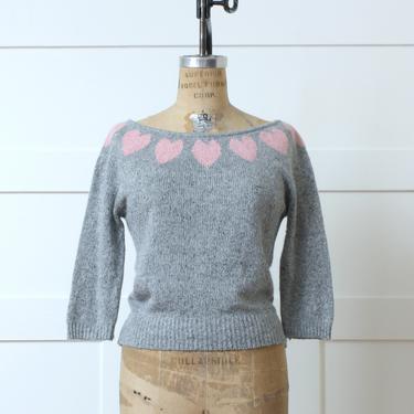 vintage 1980s hearts sweater • lightweight silk blend knit top in gray &amp; pink 