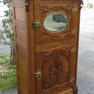 Late 1800s Heavy Carved Oak Ice Box 1893