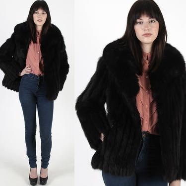 Vintage 70s Saga Arctic Fox Fur Coat Plush Natural Black Shawl Collar Corded Jacket 