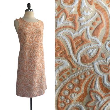 Vintage 60s floral orange creamsicle jacquard dress| peach sheath 