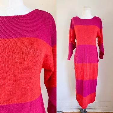 Vintage 1990s Pink & Red Color Block Silk Blend Sweater Dress / M 