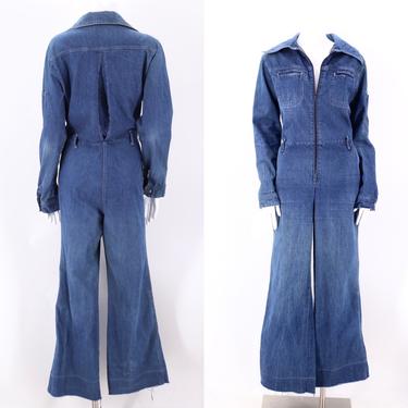 70s denim bell bottom JUMPSUIT L / vintage 1970s Mushroom  jeans jumpsuit flared bottoms coveralls by ritualvintage