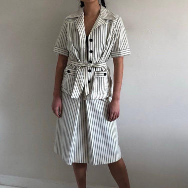 70s pinstripe cotton twill suit / vintage white cotton ticking artist skirt suit / short sleeve belted blazer high waisted A line skirt M 