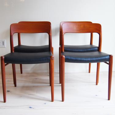 Danish Modern J L Moller Teak Dining Chairs Model 75 with Black Leatherette Upholstery Niels Otto Moller - Set of 4 