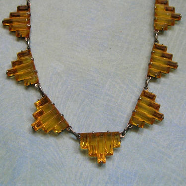 Antique 1930's Art Deco Sterling and Glass Necklace, Old Art Deco Necklace, Sterling and Yellow Glass Necklace (#3861) 
