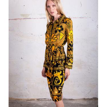 1970s Leonard of Paris Yellow + Black Button Up Collared Geometric Print Jersey Dress with Belt sz S M Psychedelic 60s Graphic Tapestry 