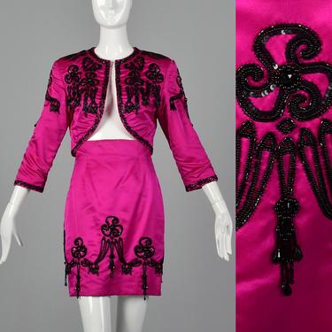 XXS Pilar Rossi Hot Pink Skirt Suit Matador Style Black Beading High Waisted Skirt Short Jacket Long Sleeve Vintage 1980s Womens Separates 