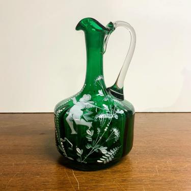 Vintage Mary Gregory Hand Painted Hand Blown Green Pitcher Decanter 