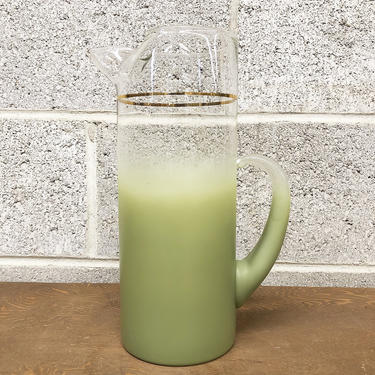 Vintage Blendo Pitcher Retro 1960s Avocado Green Frosted Ombre Glassware for MCM Kitchen or Home Bar Decor 