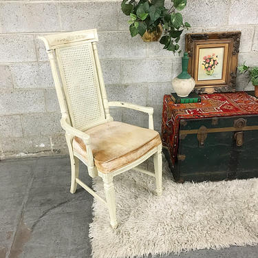 LOCAL PICKUP ONLY Vintage Wood and Velvet Chair Retro 1960's Cane High Back Dining Chair with Peach Velvet Seat and Carved Wood Details 