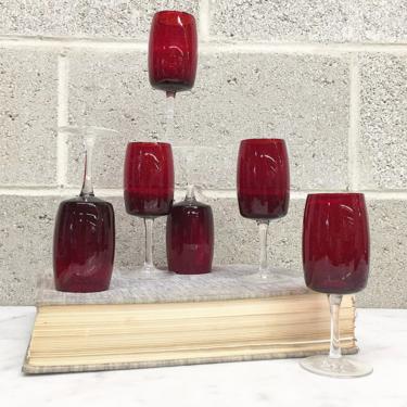 Vintage Champagne Glasses Retro 1960s Mid Century Modern + Ruby Red + Clear Stemmed Glass + Set of 6 Matching + MCM +Kitchen and Bar Decor 