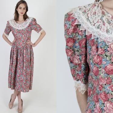 Vintage 80s Jessica McClintock Garden Floral Dress / Gunne Sax Country Folk Dress / Pink Calico Wide Collar Prairie Midi Dress 