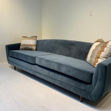 Mid-Century Modern Sofa in Dusty Blue Grey Velvet 