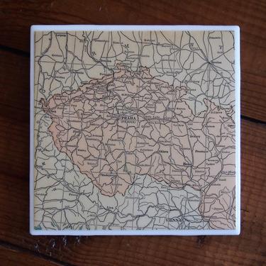 1931 Prague Czech Republic Vintage Map Coaster - Ceramic Tile - Repurposed 1930s Hammond's Atlas - Handmade - Europe History &amp; Travel 