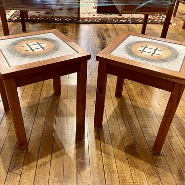 Vintage Pair of Danish Modern Teak End Tables w\/hand painted tiles