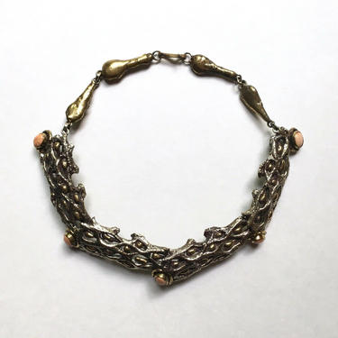 Vintage Luciano Bustamante Biomorphic Mixed Metal &amp; Agate Collar Necklace 1980s 