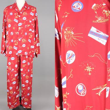 1950s TRAVEL Novelty Print Pajamas · Vintage 50s Rayon Sleep Shirt, Pants, & Storage Pouch · Large 