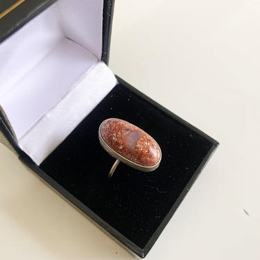 Vintage Sterling Silver Opal Statement Ring 925 Mineral Stone Modern Boho Style MCM Mid-Century Size 8 3/4 Mexican Fire Opal 