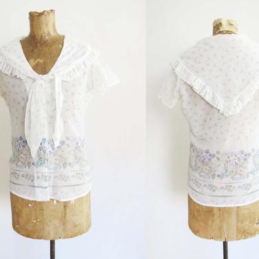 Vintage 70s Voile Cotton Blouse Small - Ruffled White Floral Shirt- Cottage Core Romantic Blouse - Semi Sheer Vintage Shirt 