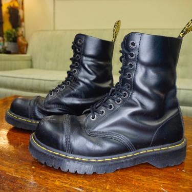Retro Dr Martens Air Wair Black Leather Steel Toe Boots, Doc Martens Chunky Platform Boots, 10 Eyelets, Work Wear, Size UK 8 US 9/10 EU 42 