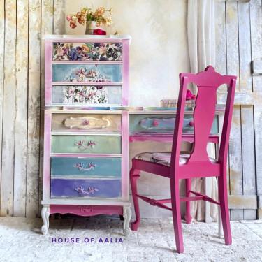Watercolor Vanity | French Desk |Antique Desk - Secretary Desk | Boho Furniture| Desk Dresser | Bohemian Desk |Shabby Chic Decor |Pink Girls 