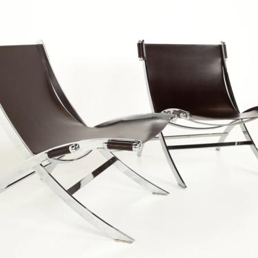 Paul Tuttle for Flexform Style Mid Century Brown Leather and Chrome Lounge Chairs - Pair 