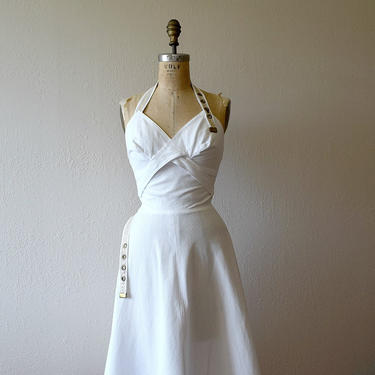 1950s Marilyn Monroe dress . vintage 50s white grommet halter dress 