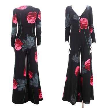 70s black rose & cloud print jumpsuit M / vintage 1970s poly novelty print all in one wide flowy bell bottoms pants romper 