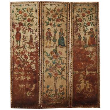 19th Century English Renaissance Revival Leather Painted Screen by ErinLaneEstate