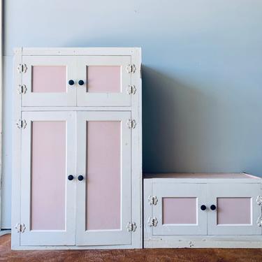 Antique Built In Cabinet | Built In Cupboard | Clothing Cupboard | Lake House | Shabby Chic Built In | Storage | Bedroom | Pink and White 