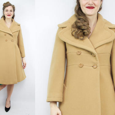 Vintage 60's Camel Wool Peacoat / 1960's PIERRE CARDIN Paris New York Jacket / Wool Bell Sleeve Jacket / 1960's MOD Coat Women's Size Small by Ru