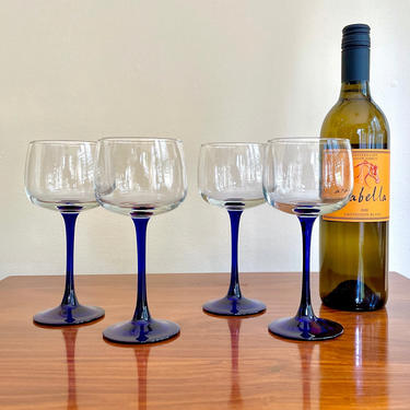 4 Vintage Luminarc France Blue Stem Wine Glasses Set - Large, JG Durand, Royal Cobalt and Clear, 8 ounces, Arcoroc, Alsace, Bar, Barware 