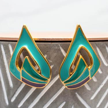 Vintage 1980s Art Deco Earrings - Turquoise, Purple & Gold Enamel Teardrop Statement Earrings 
