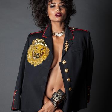 SEQUIN Lion of judah military jacket VINTAGE band jacket statment jacket marine dress coat unisex men womens M L 