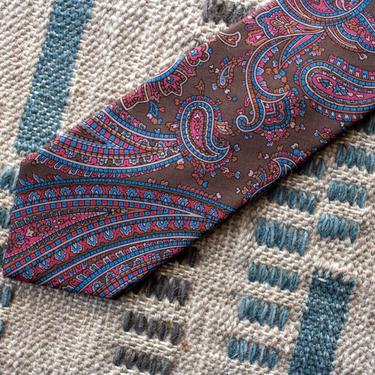 Vintage 1990s Silk Paisley Pattern Tie - Brown, Pink & Blue Traditional Necktie 