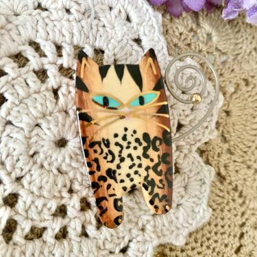 Artsy Tabby Cat Pin, Vintage Brooch, Tiger Stripes, Pottery, Wire, Ceramic Leopard Spots, Painted Jewelry 
