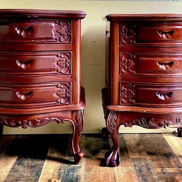 Customizable Nightstands. Cherry Carved Vintage Bedside Tables. Choose your Finish. Matching End Tables. Carved Three Drawer End Tables. 