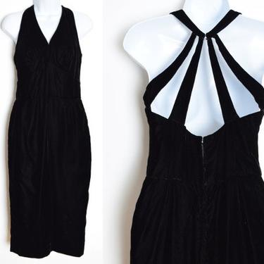 vintage 50s dress black velvet cage back cut out wiggle cocktail party XS S clothing 
