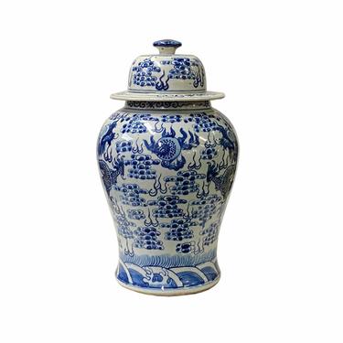 Chinese Blue White Porcelain Double Dragons Graphic General Temple Jar ws1784E 