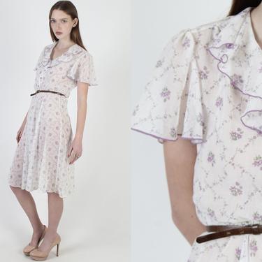 Sheer Lilac Floral Calico Dress / 70s Ruffle Collar / Thin Purple Tiny Floral Bouquet / Country Prairie Thin Ivory Mini Dress 