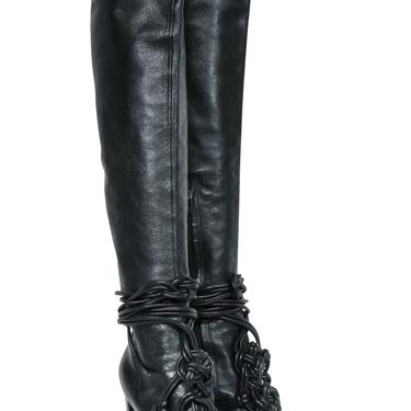 Yves Saint Laurent - Black Leather Thigh High Boots w/ Braided Lace-Up Design Sz 10