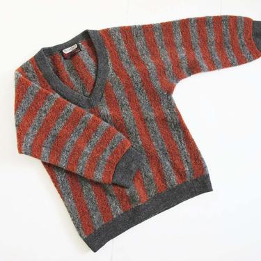 Vintage 60s Striped Wool Sweater S - Mod V Neck Pullover Sweater - Boucle Fuzzy Sweater - Burgundy Grey Vertical Stripe Jumper 