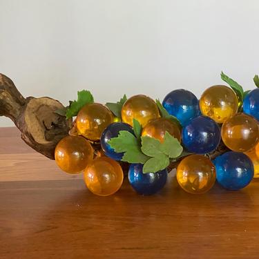 MCM Large Cluster Blue Gold Glass Grapes on Driftwood 