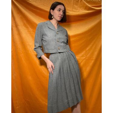 60s Blue/Grey Wool Skirt Set with pleated skirt and cropped jacket 