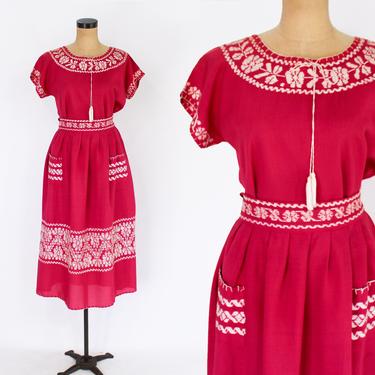 1950s Fuchsia Embroidered Skirt & Blouse Set | 50s Pink Fiesta Set | Rockabilly | Medium Large 