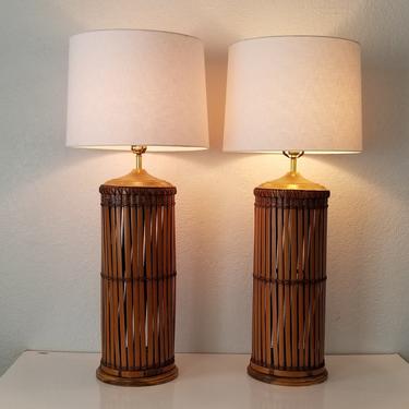 Tall Vintage Rattan Table Lamps - a Pair . 