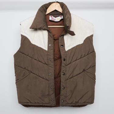 vintage BROWN and cream corduroy puffer DOWN winter men's 1970s 80s ski snowboard vest -- Size Large 