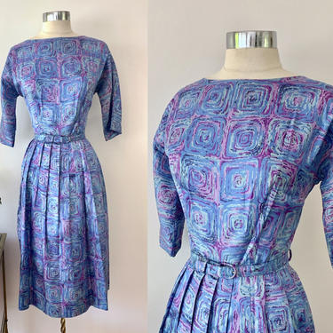 1960s Abstract Blue &amp; Purple Dress / Madmen Late 50's Early 60's Dress / Vintage Day Dress / Size 6 Small 