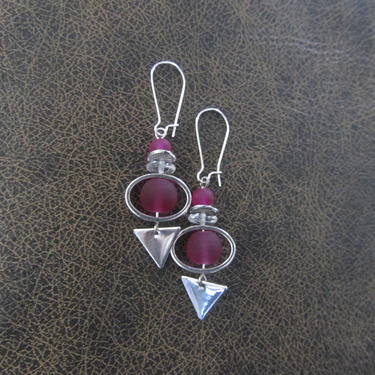 Pink sea glass earrings, boho chic earrings, tribal ethnic earrings, bold long silver earrings, unique artisan earrings, bohemian earrings 